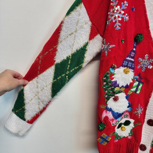 Holiday Time Ugly Christmas Sweater Cardigan Size L Elves Argle V-neck Festive - Picture 5 of 10